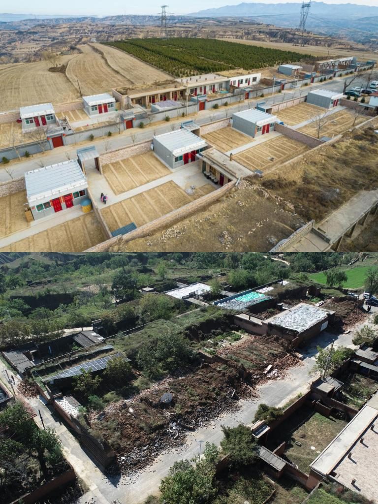 拼版照片，上圖是2022年1月山西省霍州市師莊鄉(xiāng)馮南垣村災(zāi)后恢復(fù)重建后的場(chǎng)景，下圖是2021年10月村莊因?yàn)?zāi)受損的場(chǎng)景。(霍州市委宣傳部供圖)