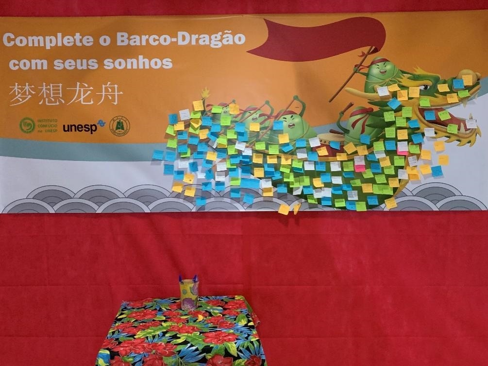 活動現(xiàn)場設(shè)置了“夢想龍舟”環(huán)節(jié)，大家將自己寫下的心愿貼在“龍舟”上，期盼“龍舟”承載自己的夢想駛向更美好的未來。（圣保羅州立大學孔子學院供圖）