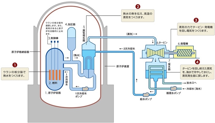 核電站運(yùn)作原理圖。通常的核電站排水未直接接觸核燃料。（圖片來(lái)源：日本北海道電力株式會(huì)社網(wǎng)站）