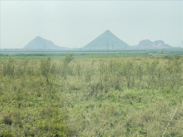 遠(yuǎn)處礦方存放的矸石堆成山(中國之聲記者江曉晨 攝)