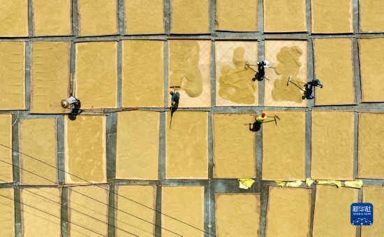 9月16日，在湖南省懷化市通道侗族自治縣萬佛山鎮(zhèn)溪上村，村民在晾曬稻谷（無人機照片）。