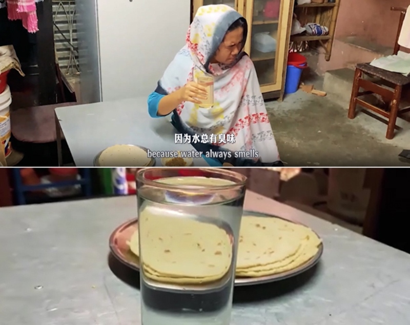 圖為紀實短片截圖：上圖為水質(zhì)未改善前，飲用水發(fā)黃渾濁；下圖為水廠建成后，飲用水水質(zhì)明顯改善，清澈透明。