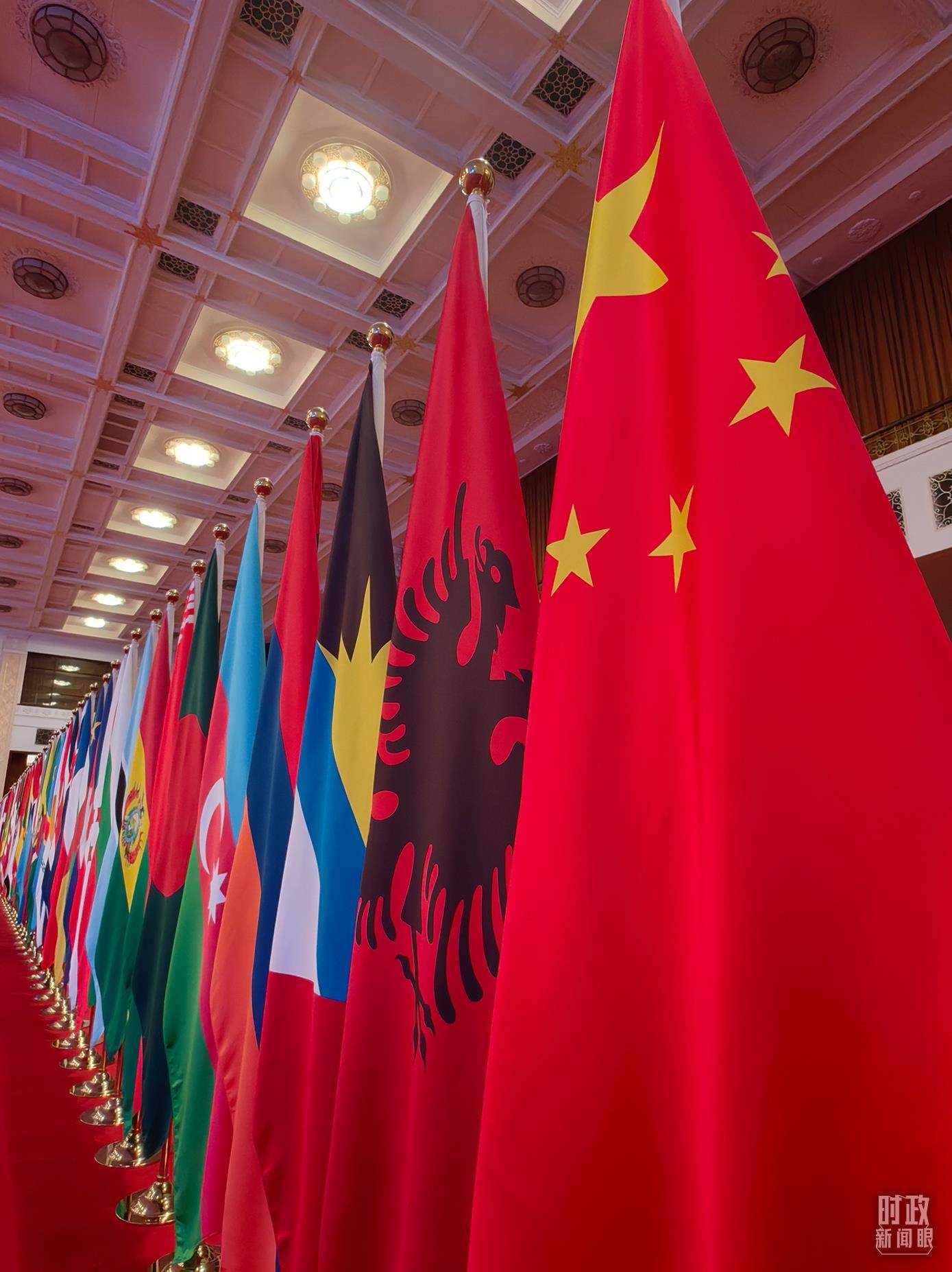 △開幕式會場內(nèi)整齊排列的旗幟。（總臺央視記者楊波拍攝）