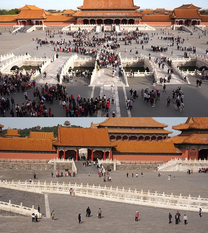 上午9時(shí)和下午13時(shí)的太和門廣場(chǎng)客流對(duì)比。故宮博物院供圖