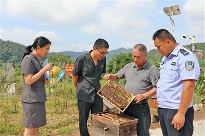  圖②：蒙山法院黃村法庭法官深入蜂蜜合作社，實(shí)地了解蜂農(nóng)需求。