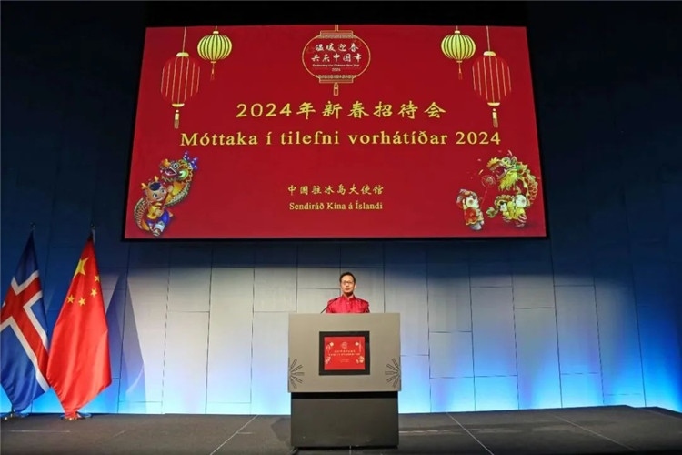 中國(guó)駐冰島大使何儒龍致辭。中國(guó)駐冰島大使館供圖