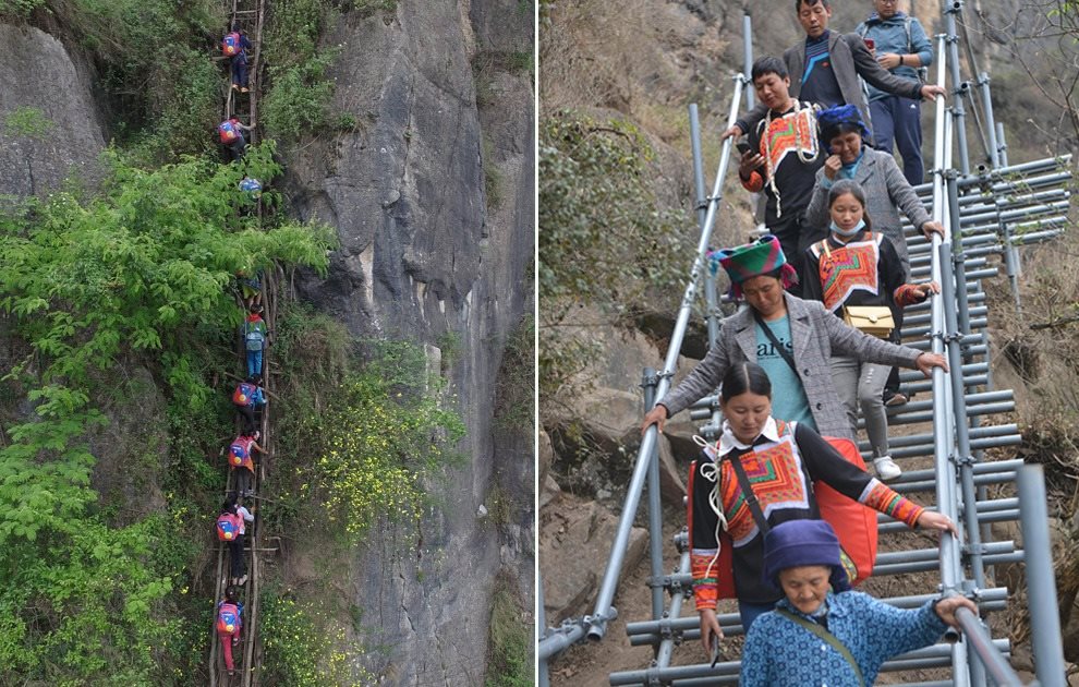 “懸崖村”今昔對比：左圖為2016年5月14日，“懸崖村”的孩子們攀爬木梯回家。右圖為2020年5月13日，“懸崖村”村民帶著行李通過鋼梯下山，搬遷至易地扶貧集中安置點(diǎn)的新家。