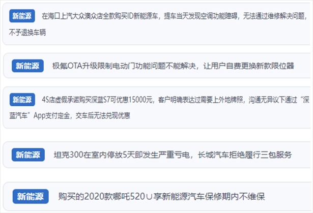“人民投訴”用戶吐槽新能源汽車功能障礙多發(fā)、升級后配套服務(wù)跟不上、虛假優(yōu)惠、保修期內(nèi)不維保的問題。（“人民投訴”平臺截圖）