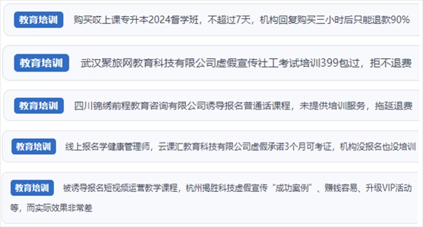 “人民投訴”用戶舉報機(jī)構(gòu)虛假宣傳包過包拿證、虛假承諾收益效果、課程服務(wù)貨不對板、退款難等在線教培亂象。（“人民投訴”平臺截圖）