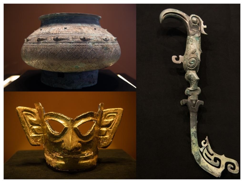 拼版照片：左上圖為青銅瓿，左下圖為黃金面具，右圖為青銅樹枝。新華社記者唐文豪 攝