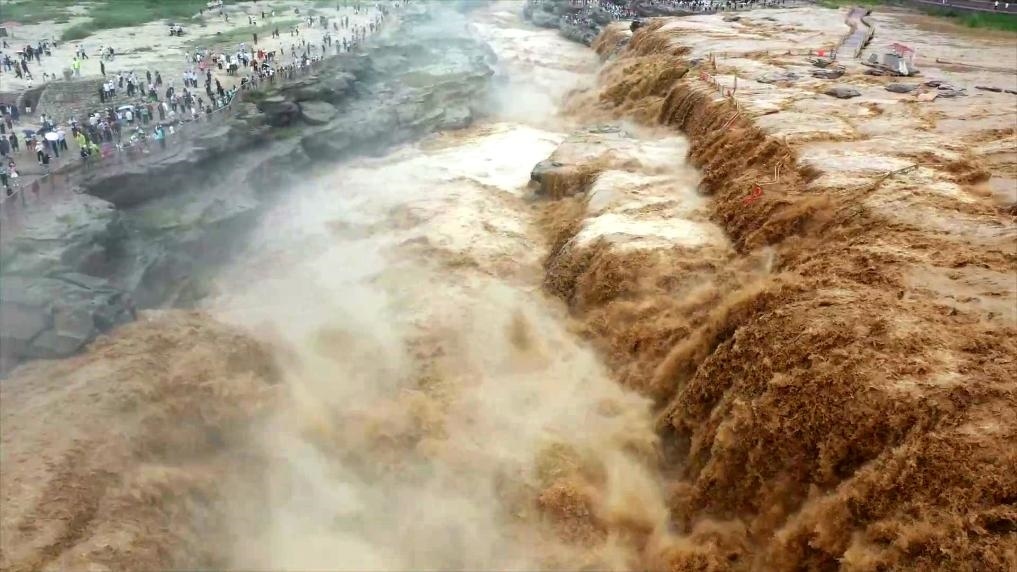 黃河壺口瀑布水量大增，出現(xiàn)壯美黃色瀑布群景觀。新華社發(fā) 呂桂明 攝