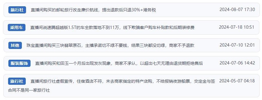 近期網(wǎng)友涉及直播購物相關投訴問題。（“人民投訴”用戶投訴截圖）