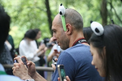 俄羅斯《俄羅斯報》視覺內(nèi)容編輯阿爾圖爾·杰魯諾夫在拍攝熊貓。（李佩藺 攝）