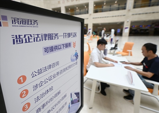 在天津濱海新區(qū)政務(wù)服務(wù)中心，工作人員在“涉企法律服務(wù)一件事”專區(qū)為市民提供服務(wù)（2024年7月31日攝）。新華社記者 趙子碩 攝