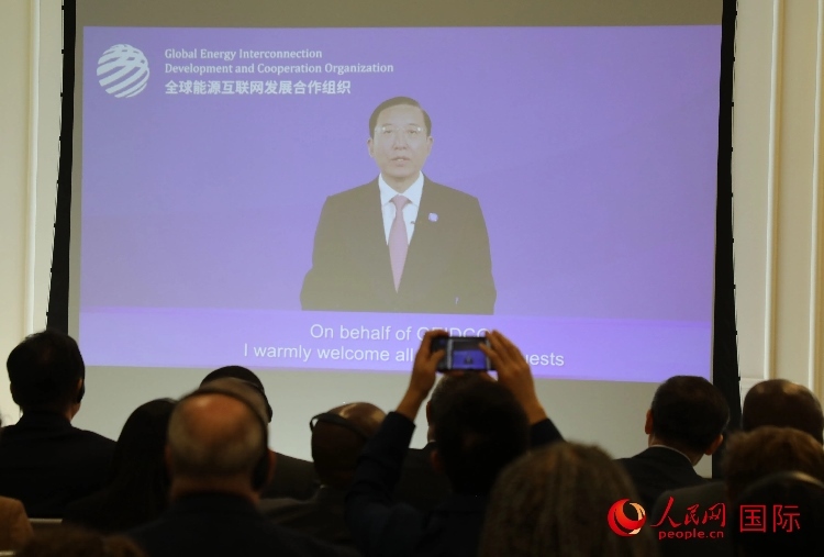 全球能源互聯(lián)網(wǎng)發(fā)展合作組織主席、中國電力企業(yè)聯(lián)合會理事長辛保安通過視頻方式致辭。人民網(wǎng)記者 李志偉攝