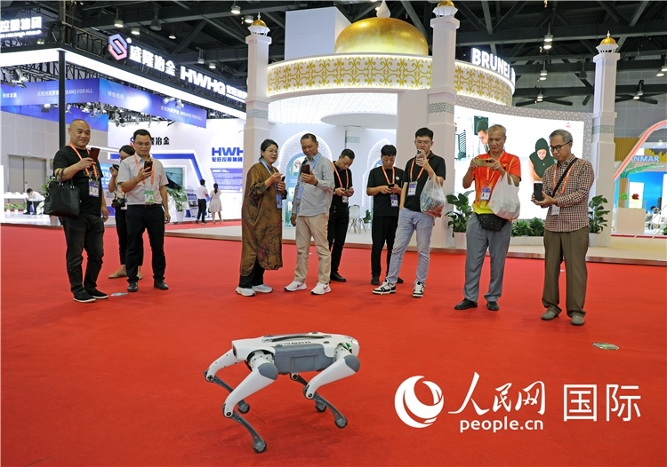 東博會上，觀眾正在參觀一只機(jī)器狗。綠色能源、新能源汽車、綠色農(nóng)產(chǎn)品等成為本屆東博會觀眾關(guān)注的焦點。人民網(wǎng)記者 趙益普攝