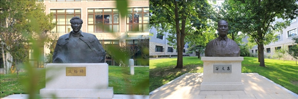 拼版照片：左圖為中央黨校（國家行政學院）校園內(nèi)的焦裕祿雕塑；右圖為中央黨校（國家行政學院）校園內(nèi)的谷文昌雕塑。