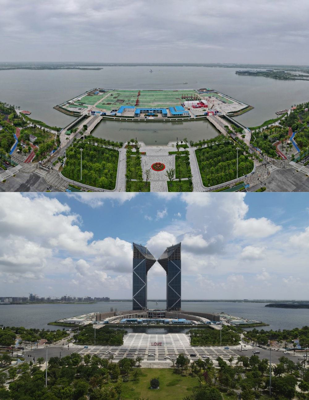 拼版照片：空中俯瞰中國（上海）自由貿(mào)易試驗區(qū)臨港新片區(qū)滴水湖西島中銀金融中心項目現(xiàn)場（上圖為2021年6月20日攝，無人機(jī)照片；下圖為2024年8月14日攝，無人機(jī)照片）。2019年8月20日，臨港新片區(qū)揭牌成立，一個開放新高地在長江與東海交匯處日益崛起。