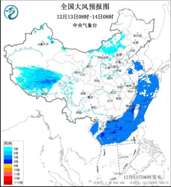 全國大風預報圖(12月13日08時-14日08時) 圖片來源:中央氣象臺網站