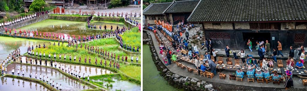 左圖：近期，人們?cè)诶杵娇h肇興侗寨的田園里演唱侗族大歌（黎平縣委宣傳部供圖）；右圖：這是2023年拍攝的十八洞村長(zhǎng)桌宴（湘西州委宣傳部供圖）。