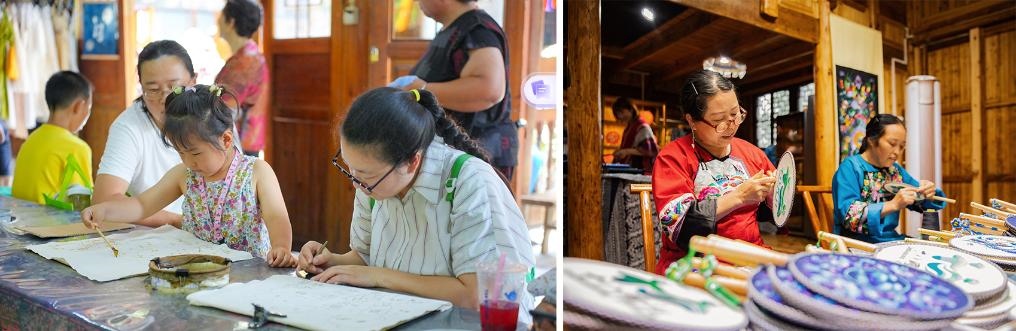 左圖：近期，游客在黎平縣肇興侗寨體驗(yàn)非遺蠟染藝術(shù)（黎平縣委宣傳部供圖）；右圖：這是2024年拍攝的繡娘在十八洞村梨子寨苗繡鄉(xiāng)村振興示范基地制作苗繡產(chǎn)品（湘西州委宣傳部供圖）。
