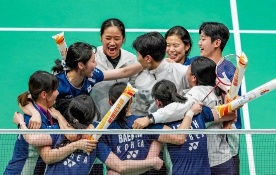 5月3日，韓國隊慶祝晉級決賽。新華社記者 孫非 攝