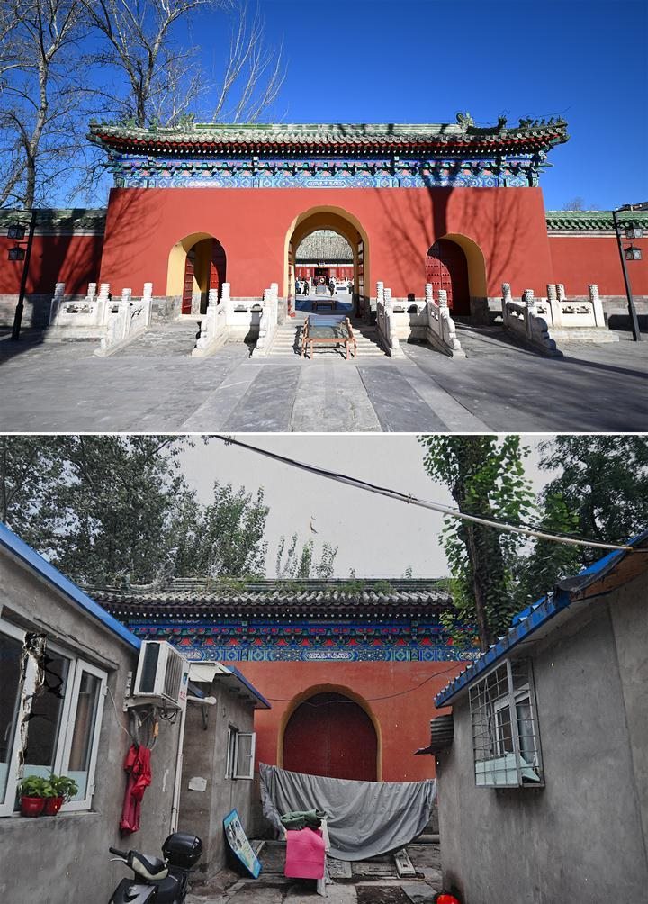 位于先農(nóng)壇內(nèi)的慶成宮，曾長(zhǎng)時(shí)間被雜亂的民居占據(jù)。在北京中軸線申遺保護(hù)工作的帶動(dòng)下，北京完成了慶成宮區(qū)域文物征收騰退、非文物建筑拆除、彩畫(huà)保護(hù)、本體修繕、展覽布陳等，讓560多年歷史的古建群重新回歸。2024年12月，北京中軸線上先農(nóng)壇內(nèi)的慶成宮首次面向社會(huì)公眾開(kāi)放。上圖為騰退修繕后的慶成宮內(nèi)宮門(mén)（資料照片）；下圖為翻拍的慶成宮內(nèi)宮門(mén)騰退修繕前的資料照片（2024年12月21日攝）。